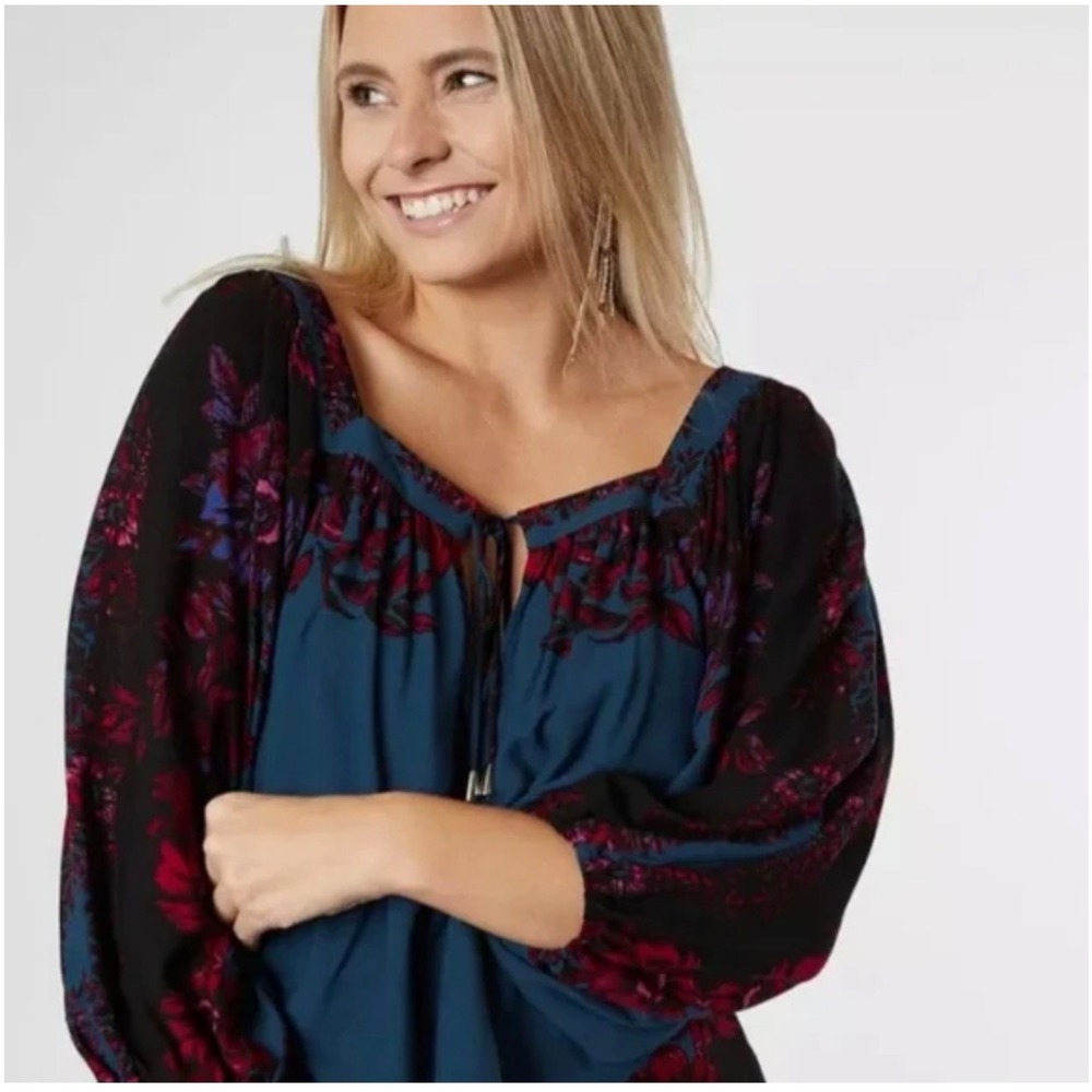 Free People Wild Memories Peasant Blouse in Dark Turquoise Size Small‎ Light